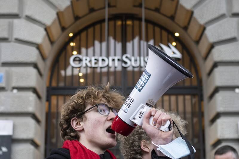 People protest on occasion of the takeover of Credit Suisse by UBS, in Zurich, Switzerland, on March 20, 2023. EPA