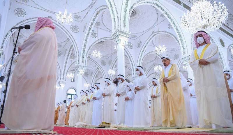Sheikh Humaid bin Rashid Al Nuaimi, Supreme Council Member and Ruler of Ajman, perform Eid Al Adha prayers at the Sheikh Rashid bin Humaid Mosque in Ajman. Wam
