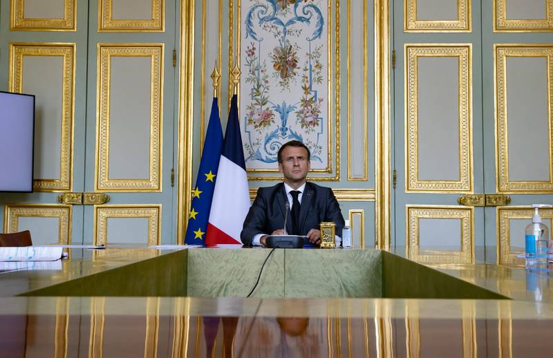 French President Emmanuel Macron attends a Climate Summit video conference, at the Elysee Palace in Paris, France. EPA