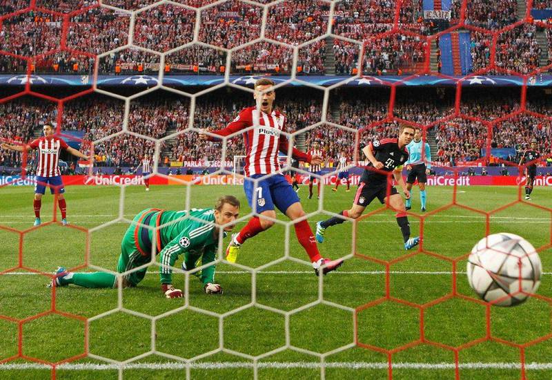 Goalkeeper Manuel Neuer of Bayern Munich fails to stop Saul Niguez of Atletico Madrid (not pictured) as he scores their first goal during the Uefa Champions League semi-final first leg match between Atletico Madrid and FC Bayern Munich at Vincente Calderon on April 27, 2016 in Madrid, Spain. (Photo by Alexander Hassenstein/Bongarts/Getty Images)