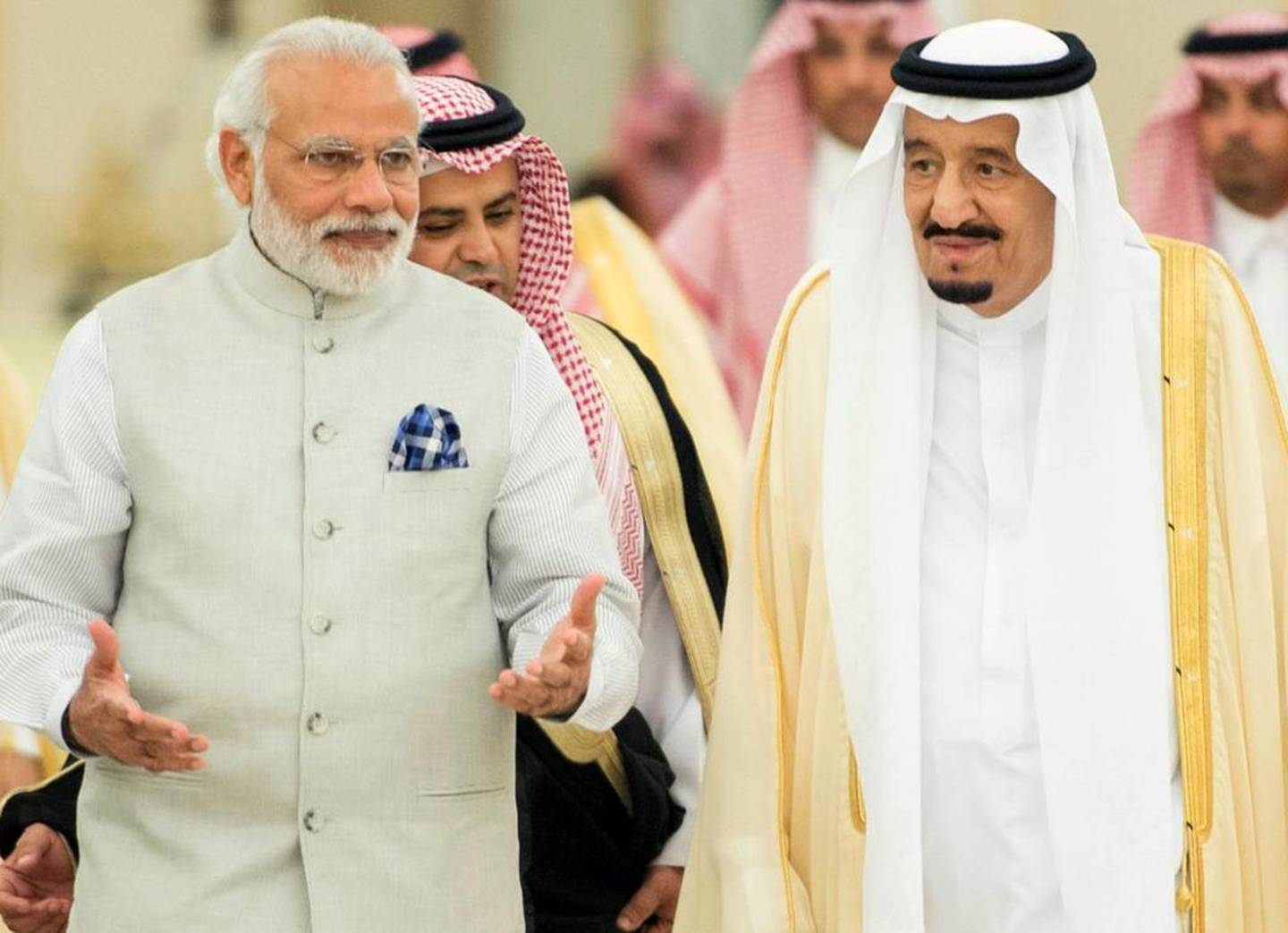 Saudi Arabia's King Salman, right, welcomes Prime Minister Narendra Modi of India in Riyadh. AFP