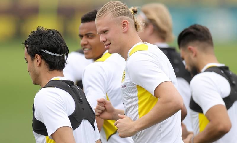 Dortmund's Erling Haaland trains with his teammates on Tuesday after Manchester City announced a deal had been agreed for his transfer. EPA