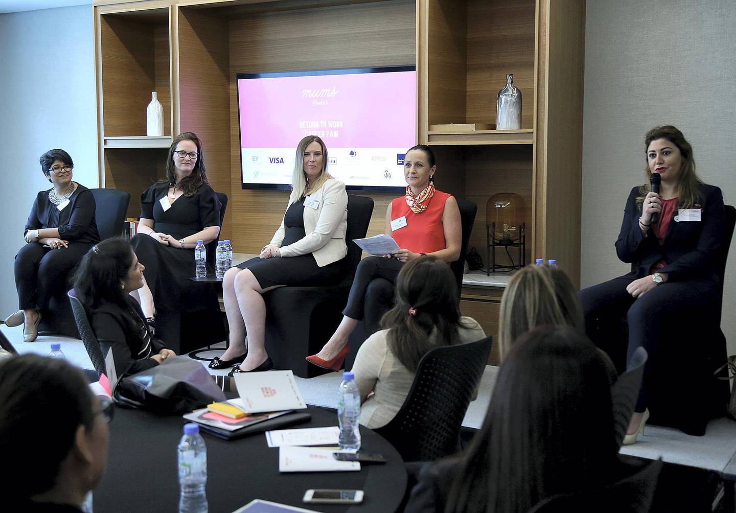 Dubai, March 01,2018: ( L to R ) Panellists Elizabeth Sen, Jane Siney,Kate Lane, Rachel Ellyard,and Solange Corm at The Return to Work Career Fair in Dubai. Satish Kumar for the National/ Story by Alice