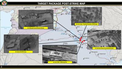 This annotated image provided by the US Department of Defense showing aerial images of sites targeted in airstrikes on Friday, March 13, 2020. US Department of Defense via AP