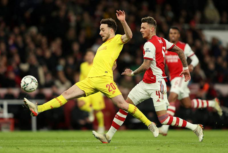 Soccer Football - Carabao Cup - Semi Final - Second Leg - Arsenal v Liverpool - Emirates Stadium, London, Britain - January 20, 2022 Liverpool's Diogo Jota scores their second goal REUTERS / Ian Walton     TPX IMAGES OF THE DAY