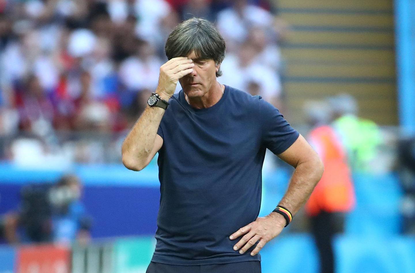 Soccer Football - World Cup - Group F - South Korea vs Germany - Kazan Arena, Kazan, Russia - June 27, 2018   Germany coach Joachim Low looks dejected during the match   REUTERS/Michael Dalder