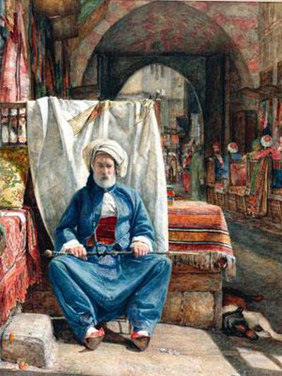 John Frederick Lewis (1805-1876) In the Bezestein, El Khan Khalil, Cairo (The Carpet Seller) 1850 Watercolour on paper.
