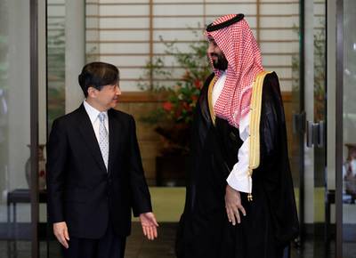 Saudi Arabia's Crown Prince Mohammed bin Salman is welcomed by Japan's Emperor Naruhito upon his arrival at the Togu Palace in Tokyo, Japan. Reuters