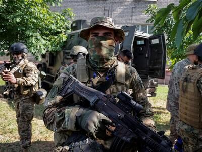 Members of the foreign volunteers unit which fights in the Ukrainian army, in Severodonetsk. Reuters