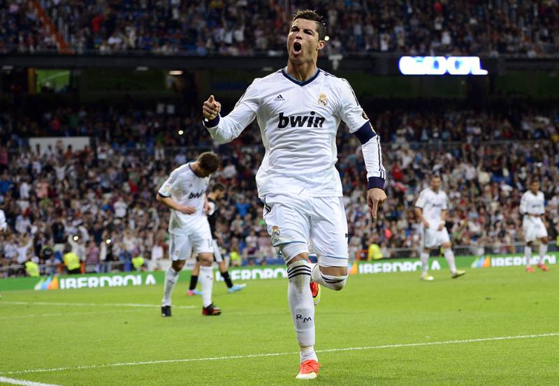 Cristiano Ronaldo celebrates after scoring for Real Madrid in a La Liga match at home to Malaga on May 8, 2013. AFP