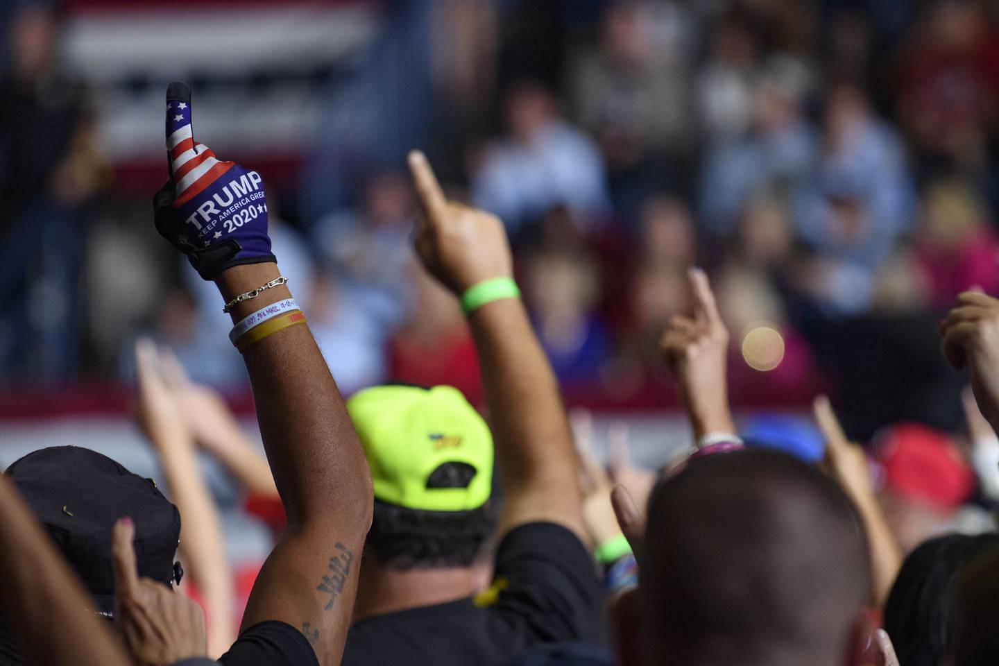 Audience members put their index fingers up to symbolise "America First" while Donald Trump speaks at a Save America Rally to support Republican candidates, in the state of Ohio, on September 17. Getty / AFP