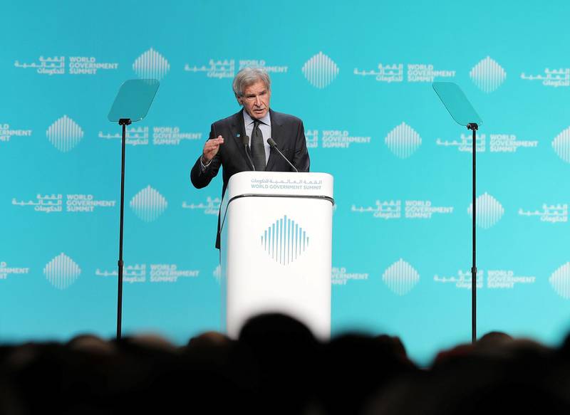 Dubai, United Arab Emirates - February 12, 2019: Harrison Ford speaks during day 2 at the World Government Summit. Tuesday the 12th of February 2019 at Madinat, Dubai. Chris Whiteoak / The National