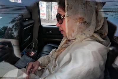 Bangladesh opposition leader and former Prime Minister Khaleda Zia, arrives in the court for her verdict in Dhaka, Bangladesh, Thursday, Feb. 8, 2018. Bangladesh was on high alert ahead of a verdict Thursday against Zia in a politically sensitive corruption case. (AP Photo/A.M.Ahad)