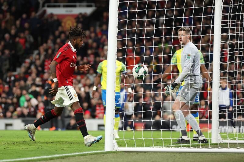 Fred scores the second goal for United at Old Trafford. Getty