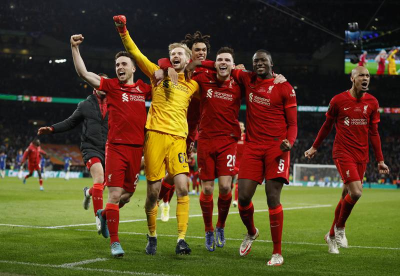 Liverpool's Diogo Jota, Caoimhin Kelleher, Trent Alexander-Arnold, Andrew Robertson and Ibrahima Konate celebrate after winning the penalty shoot-out in the League Cup final against Liverpool. Reuters
