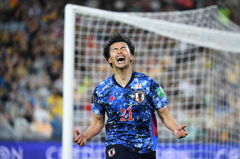 Japan's Kaoru Mitoma celebrates after scoring. AFP