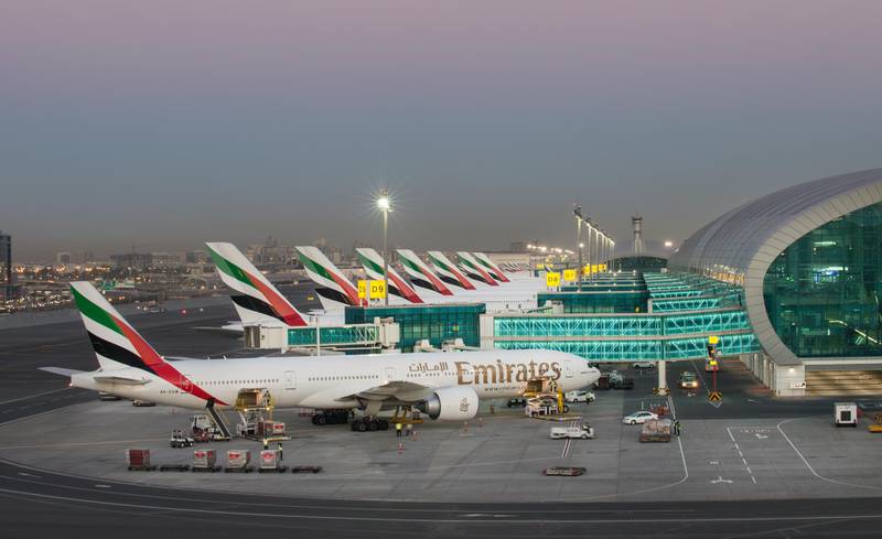 Aircraft await departure from Dubai International Airport. Dubai's annual passenger traffic through its airports dropped 64.6 per cent in 2020 due to the Covid-19 triggered travel restrictions. Courtesy Dubai Airports