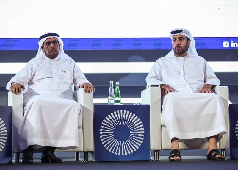 Abdullah Al-Saadoon, CEO, Sipchem and Hazeem Sultan Al Suwaidi, CEO, Borouge, during the srategic panel discussion, The important role circular economy will play in the drive to decarbonise the economy at Adipec 2022. Victor Besa / The National