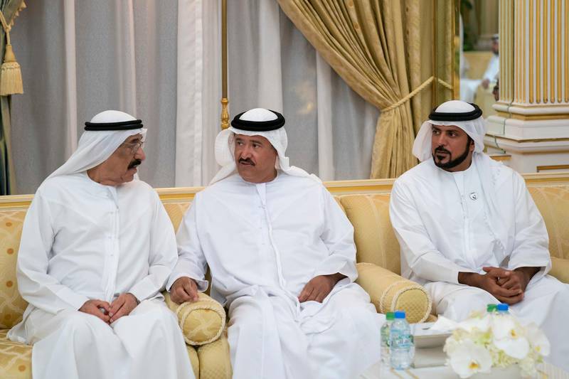 ABU DHABI, UNITED ARAB EMIRATES - May 08, 2019: (L-R) HE Mohamed Juma Al Naboodah, HH Sheikh Sultan bin Hamdan bin Mohamed Al Nahyan and HH Dr Sheikh Mansour bin Tahnoon bin Mohamed Al Nahyan, attend a reception held by HH Sheikh Khalifa bin Zayed Al Nahyan, President of the UAE and Ruler of Abu Dhabi (not shown), at the President's Palace in Al Bateen. 

( Abdullah Al Junaibi for Ministry of Presidential Affairs )
---
