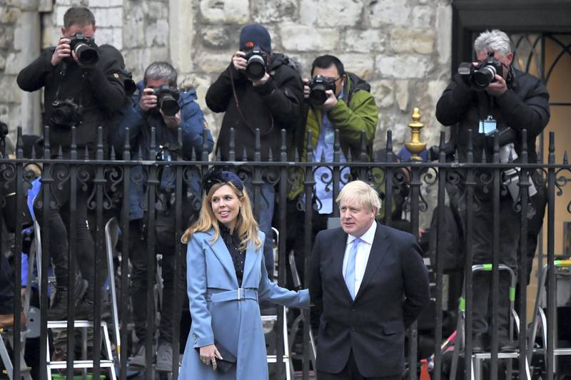 LONDON, ENGLAND - MARCH 09: UK Prime Minister Boris Johnson and his fiancee Carrie Symonds leave the Commonwealth Day Service 2020 at Westminster Abbey on March 09, 2020 in London, England. The Commonwealth represents 2.4 billion people and 54 countries, working in collaboration towards shared economic, environmental, social and democratic goals. (Photo by Chris J Ratcliffe/Getty Images)