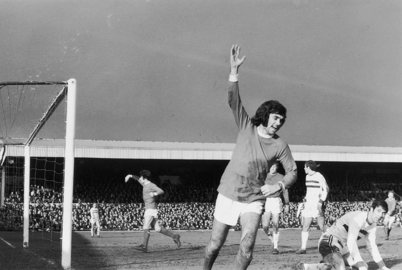 7th February 1970:  Manchester United player George Best celebrating after scoring the first goal in the fifth round of the F A Cup against Northampton.  (Photo by Michael Webb/Keystone/Getty Images)