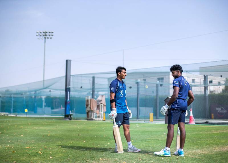 DUBAI, UNITED ARAB EMIRATES.  23 FEBRUARY 2021. Young UAE cricketer, Adithya Shetty,  left, with teammate at ICC Academy.Photo: Reem Mohammed / The NationalReporter: PAUL RADLEYSection: Sports