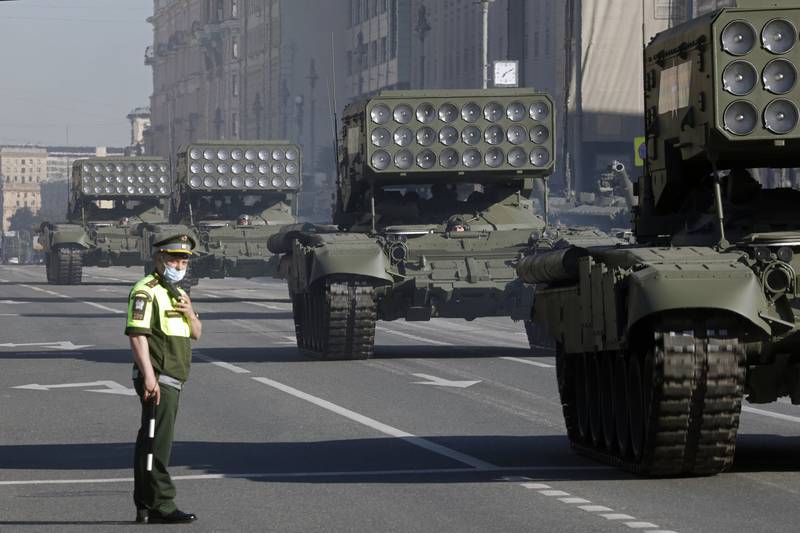 TOS-1A Buratino multiple rocket launchers move along Tverskaya Street before a Victory Day parade in Red Square in June 2020, marking the anniversary of victory in the Second World War. Tass via Getty