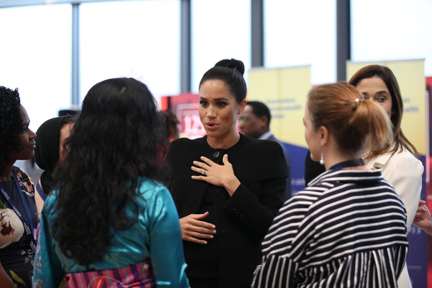 LONDON, ENGLAND - JANUARY 31: Meghan, Duchess of Sussex speaks to students during a visit to the Association of Commonwealth Universities at University Of London on January 31, 2019 in London, England. In her new role as Patron of the international organisation which is dedicated to building a better world through higher education, the Duchess met students from the Commonwealth now studying in the UK, for whom access to university has transformed their lives. (Photo by Yui Mok - WPA Pool/Getty Images)