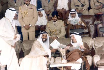 Sheikh Zayed, King Khalid bin Abdulaziz of Saudi Arabia, Crown Prince Fahd bin Abdulaziz of Saudi Arabia and Sheikh Mohamed during annual Saudi military manoeuvres in Abha, south-west Saudi Arabia, on June 27, 1979. Photo: National Archives