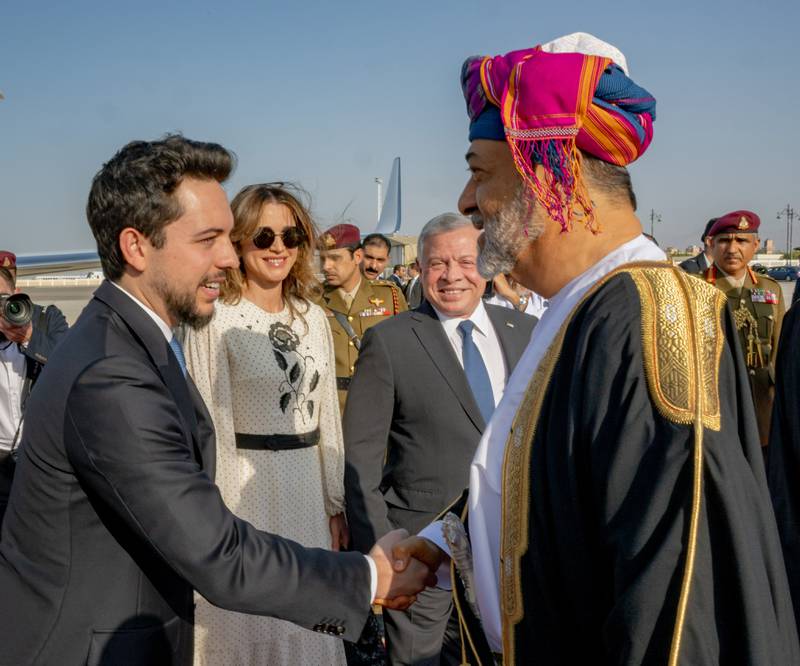 Sultan Haitham of Oman greets Hussein, Crown Prince of Jordan. Photo: Oman News Agency