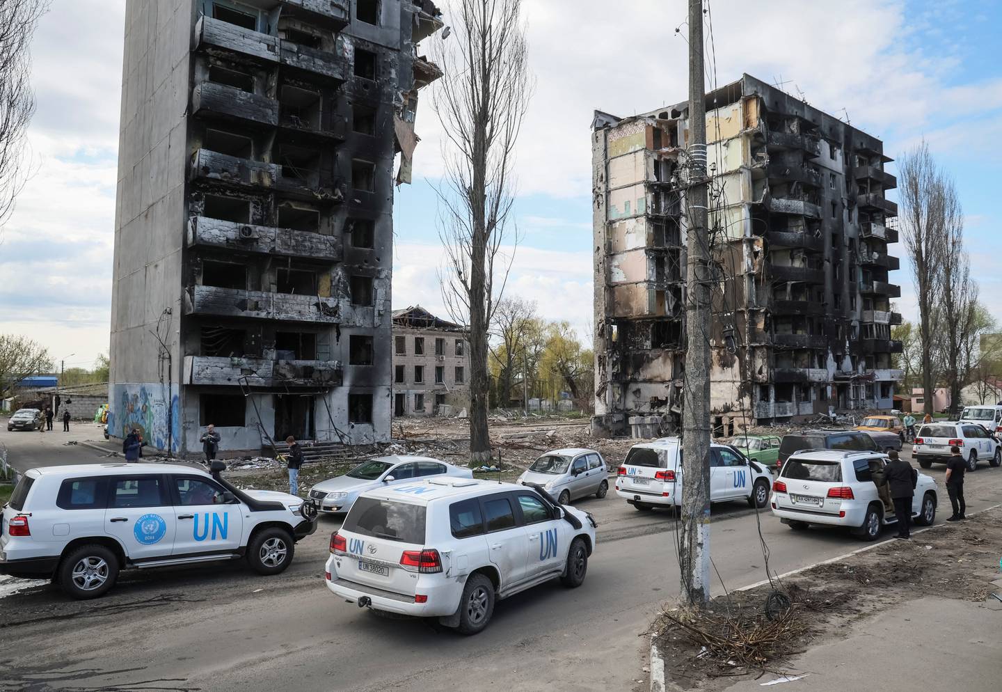 UN Secretary General Antonio Guterres's convoy passes gutted buildings in Borodyanka, near Kyiv. Reuters 