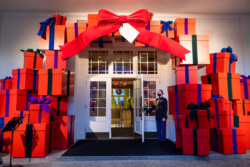 The East Entrance during a press preview of the 2021 holiday decor at the White House in Washington. EPA
