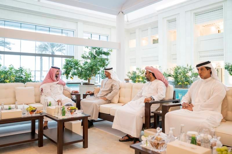 President Sheikh Mohamed, Sheikh Tahnoun bin Zayed, National Security Adviser, and Sheikh Mansour bin Zayed, Deputy Prime Minister and Minister of the Presidential Court, meet Prince Khalid (L) in Abu Dhabi.