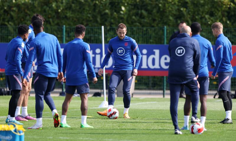 England's Harry Kane passes the ball during training. Reuters