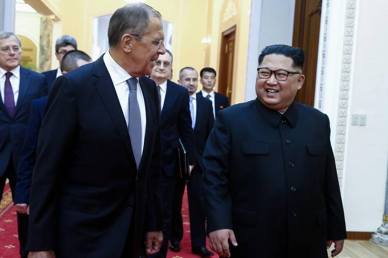 Russian Foreign Minister Sergei Lavrov (L) meets with North Korean leader Kim Jong Un in Pyongyang on May 31, 2018. / AFP / TASS/POOL / Valery SHARIFULIN
