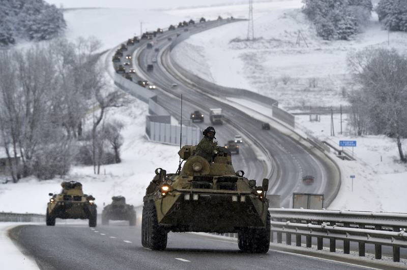 Russia has concentrated an estimated 100,000 troops with tanks and other heavy weapons on the Crimean border near Ukraine in what the West fears could be a prelude to an invasion. AP