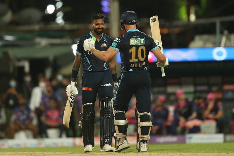 David Miller and Gujarat Titans captain Hardik Pandya celebrate victory over Rajasthan in the first qualifier. Sportzpics for IPL