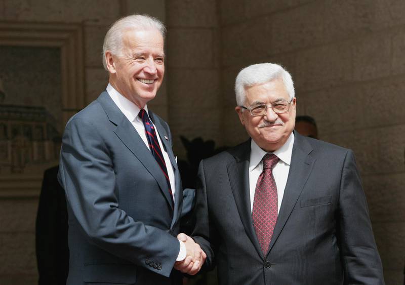 RAMALLAH, WEST BANK, MARCH 10:  In this handout image provided by the Palestinian Press Office (PPO), US Vice President Joe Biden (L) and Palestinian President Mahmoud Abbas shake hands prior to their meeting at the Presidential compound on March 10, 2010 in Ramallah, West Bank. American Vice-President Joe Biden is in the Middle East to meet Palestinian and Israeli leaders, including Palestinian President Mahmoud Abbas, Israeli Prime Minister Benjamin Netanyahu and Israeli President Shimon Peres, before travelling to Jordan on Thursday March 11.  (Photo by Thaer Ganaim/PPO via Getty Images)