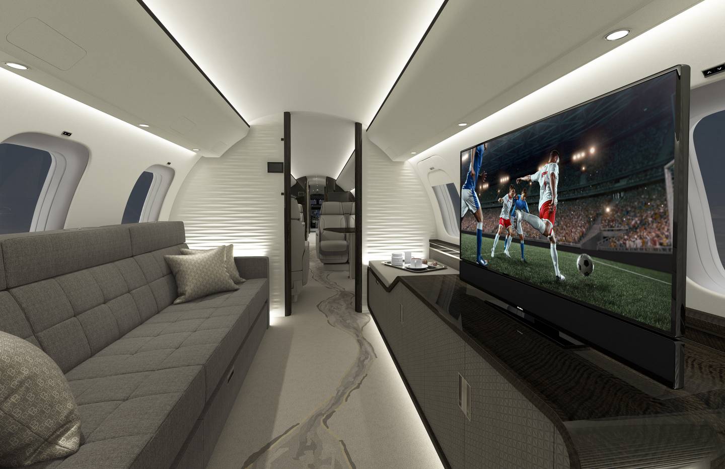 The entertainment suite is the ideal place to watch sports, films and more on board long-haul flights. Photo: Bombardier