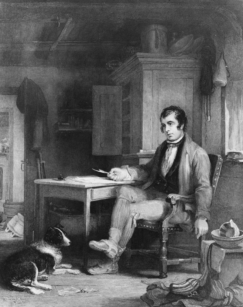 circa 1786:  Scottish poet Robbie Burns (1759 - 1796) in his cottage composing 'The Cotter's Saturday Night'.   Robert Burns was born in Alloway, Ayrshire, the son of a farmer. In 1786 he published 'Poems, chiefly in the Scottish dialect' with a view to raising funds to emigrate to the West Indies. The success of the volume induced him to stay. He married Jean Armour, the mother of his children in 1788. Burns farmed at Ellisland until 1791 and also worked for the Excise Service to supplement his income. Most of his later literary work consisted of songs and he wrote many of his most famous works for 'A Collection of Original Scottish Airs'  which included 'Auld Lang Syne', 'A Red, Red Rose' and 'Scots Wha Hae'. Burns died on July 21st 1796. His life and work are celebrated on Burns Night, 25th January.  (Photo by Hulton Archive/Getty Images)