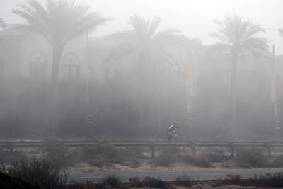 Dubai, United Arab Emirates - N/A. News. Weather. A man goes for an early morning cycle as fog covers Dubai. Monday, September 21st, 2020. Dubai. Chris Whiteoak / The National