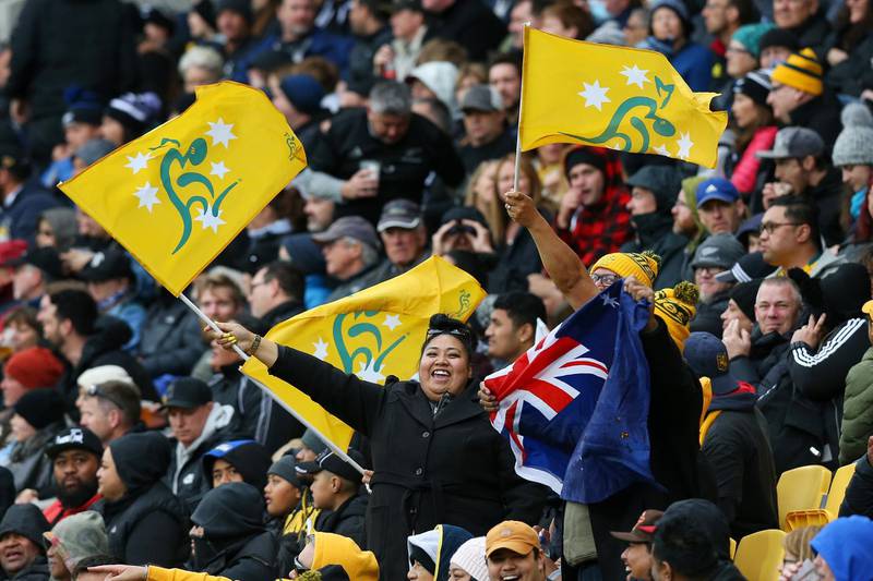 Wallabies fans cheer on their team during the Bledisloe Cup match between the New Zealand and the Australia at Sky Stadium. Getty Images