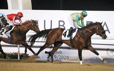 DUBAI , UNITED ARAB EMIRATES , Dec 19  – 2019 :- Tadhg O’Shea (no 4) guides Secret Ambition (GB)  to win the 5th horse race, Dubai Creek Mile, 1600m dirt at the Meydan Racecourse in Dubai. ( Pawan Singh / The National ) For Sports. Story by Amith