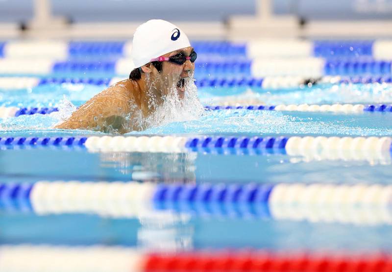Dubai, United Arab Emirates - March 17, 2019: Taiga Teshima of Nippon wins in the 50m Breaststroke during the swimming at the Special Olympics. Sunday the 17th of March 2019 Hamden Sports Complex, Dubai. Chris Whiteoak / The National