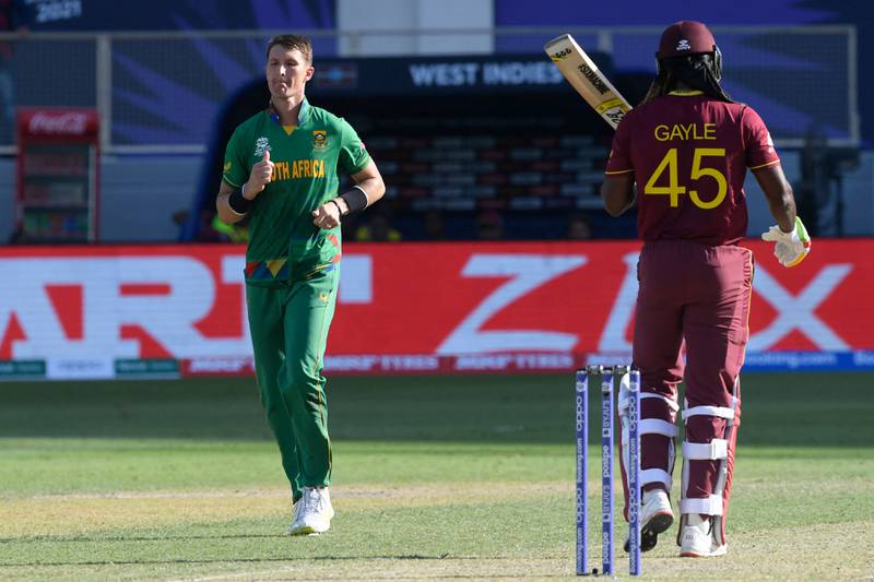 South Africa's Dwaine Pretorius ]celebrates after taking the wicket of West Indies' Chris Gayle. AFP