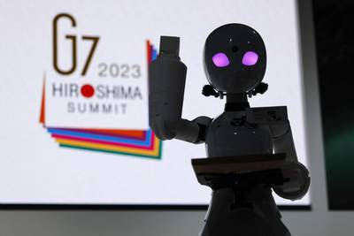 A robot developed by Ory Laboratory on display at the summit in Hiroshima. AFP