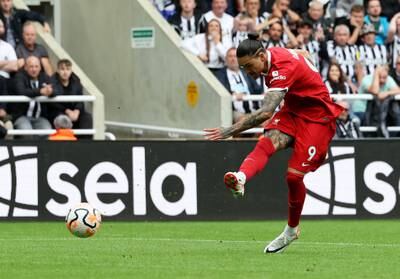 Darwin Nunez of Liverpool scores his first goal to equalise against Newcastle United. Getty 