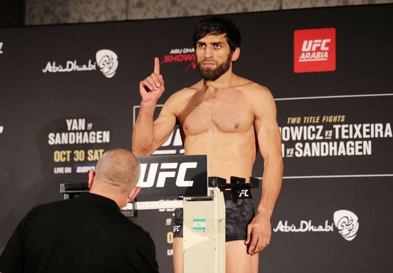 Lightweight Magomed Mustafaev weighs in before UFC 267.