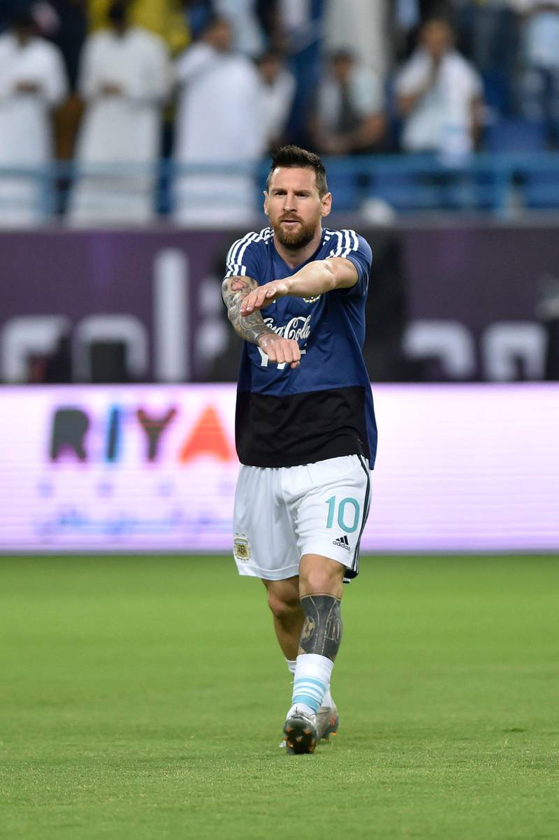 Argentina's Lionel Messi warms up prior a friendly soccer match between Brazil and Argentina at King Fahd stadium in Riyadh, Saudi Arabia, Friday, Nov. 15, 2019. (AP Photo)