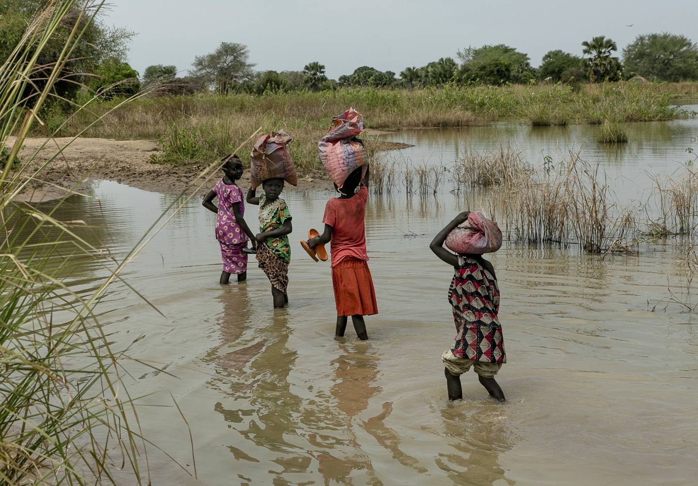 Children cross flooded fields near Malualkon in Bahr el Ghazal state, South Sudan, during the rainy season in 2021. AP Photo